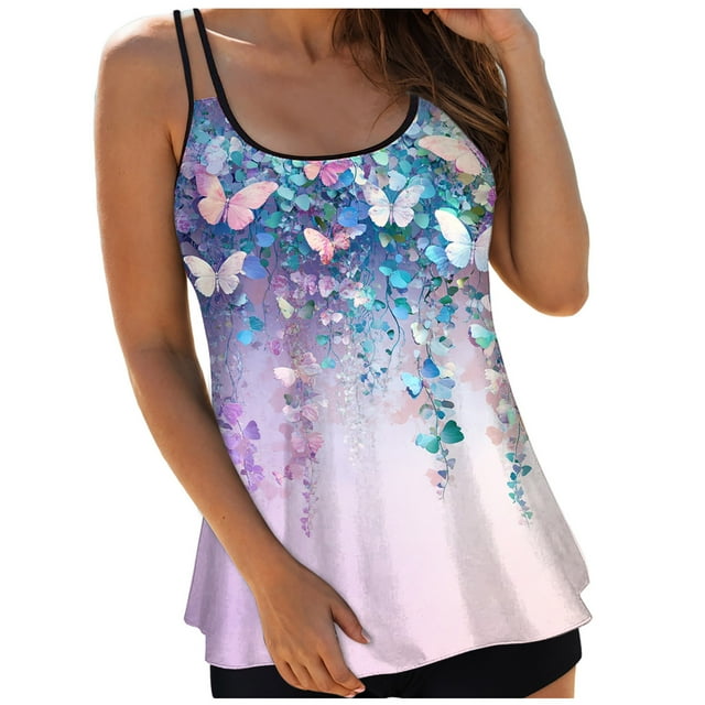 NIEWTR Womens Tankini Top Crew Neck Swimsuits Modest Tummy Control Bathing Suit Spaghetti Straps Swim Tank Top(Purple,L)