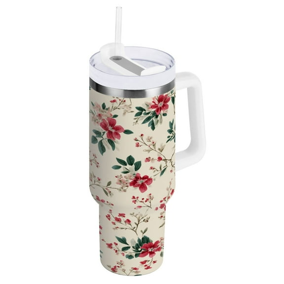 Stainless Steel Tumbler with Straw and Handle, Double Wall Insulated Tumblers, Red Small Floral Pattern