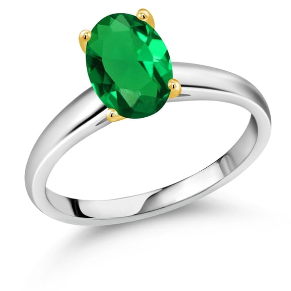 Gem Stone King 1.50 Ct Green Simulated Emerald 10K White and Yellow Gold Ring Ring (Size 9)