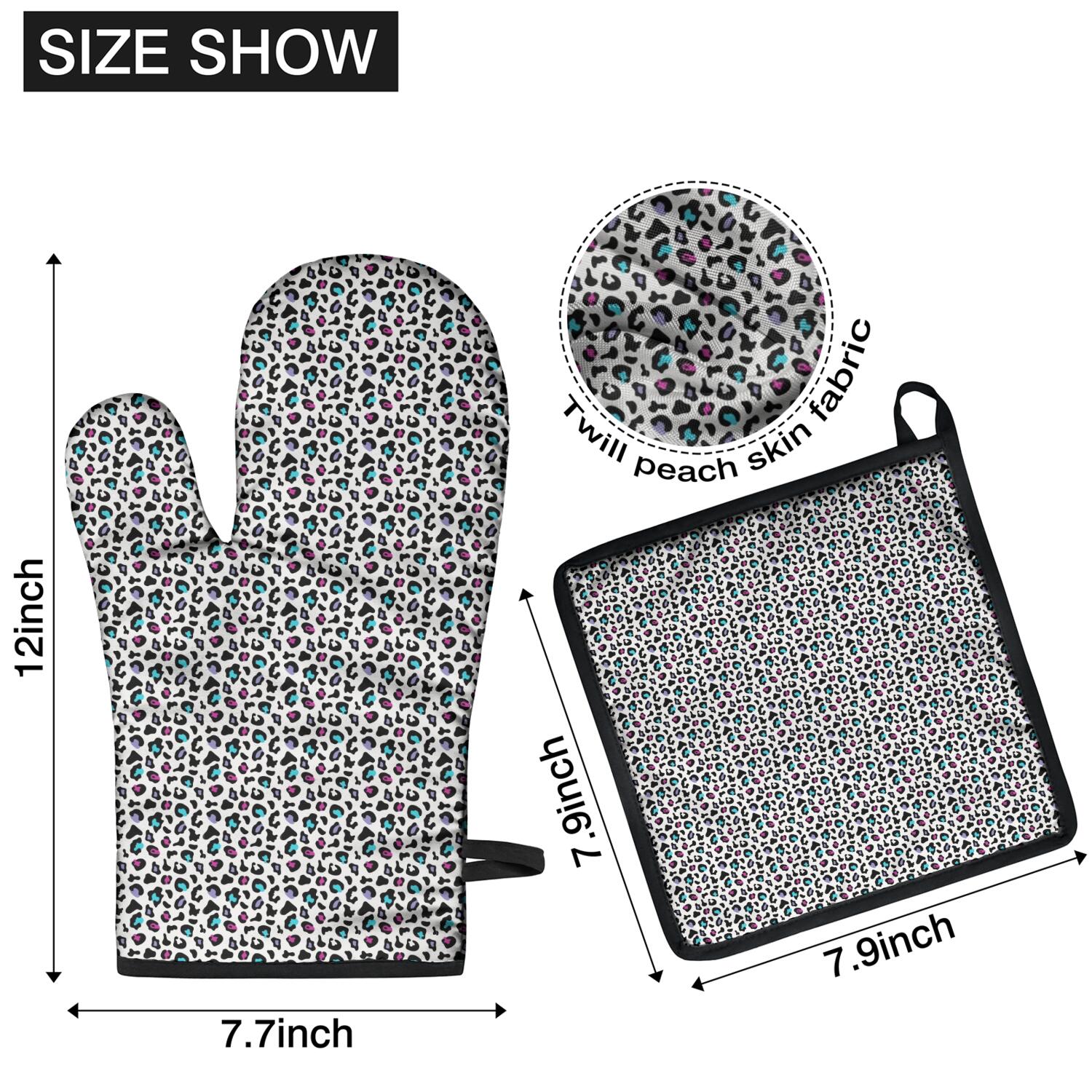 Leopard Print Oven Mitts and Pot Holders Set Of 4, Heat Resistant Kitchen Gloves with Non-Slip Grip, Hanging Loop, Soft Cotton Lining for Baking, Cooking, Grilling, Barbecue