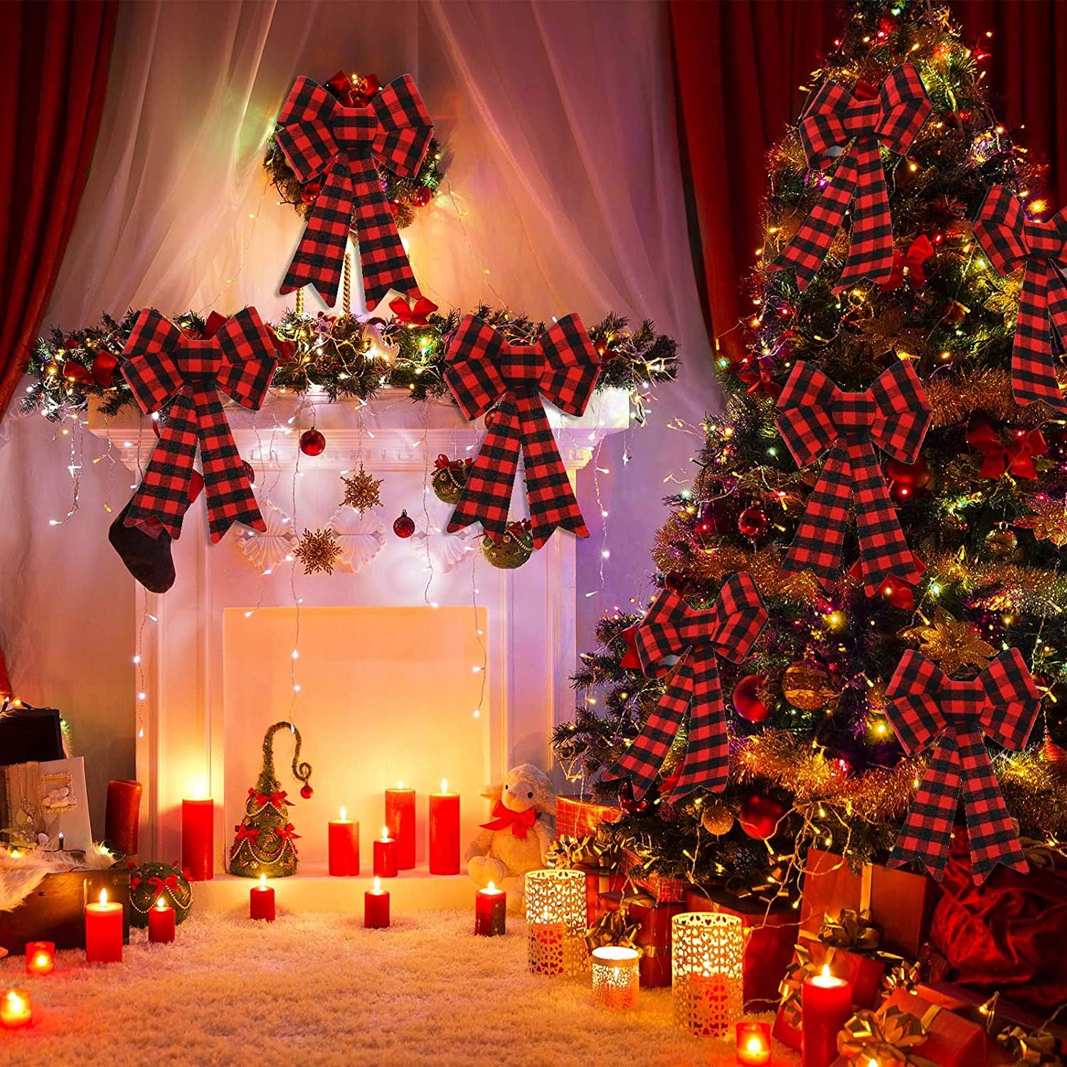6 Pieces Large Christmas Wreath Bow Buffalo Plaid Christmas Bow PVC Plastic Xmas Plaid Check Wrapping Bow for Christmas Indoor Outdoor Decorations - Red and Black