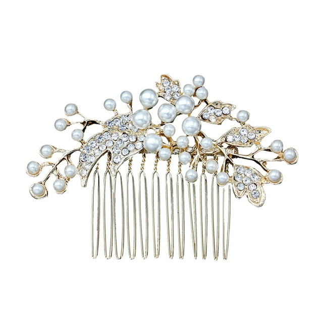 EeaseCA Wedding Rhinestone Alloy Leaf Hair Comb Bridal Pearl Beaded Comb Jewelry for Decoration Party (Golden)