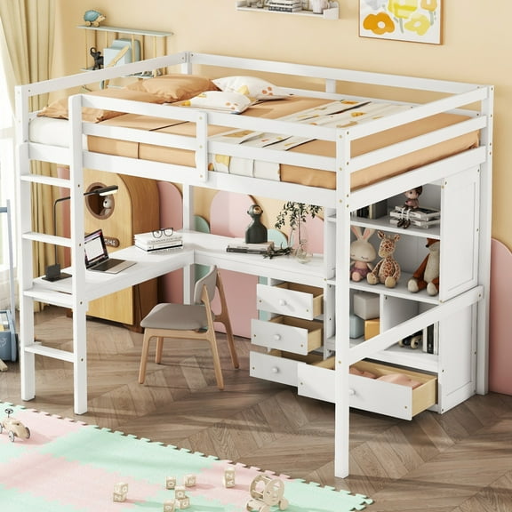 Full Size Wood Loft Bed with Desk and Built-in Ladder, Wooden High Loft Bed with Storage Shelves, Drawers & Guardrails for Teens and Adults, White