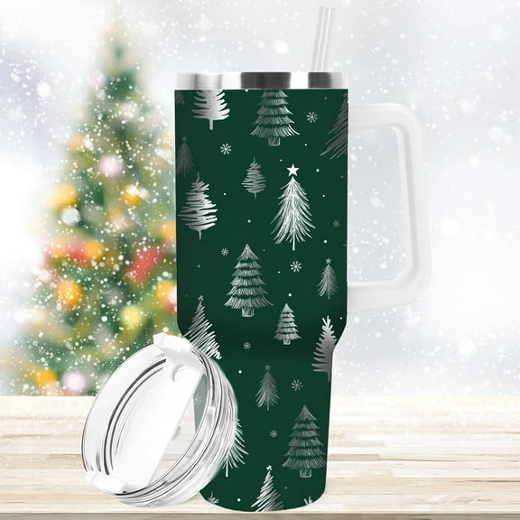 Christmas Tumbler 40oz Green Christmas Tree Tumbler with Lid Straw Laser Engraved Stainless Steel Cup with Handle for Xmas Winter Home Office Travel