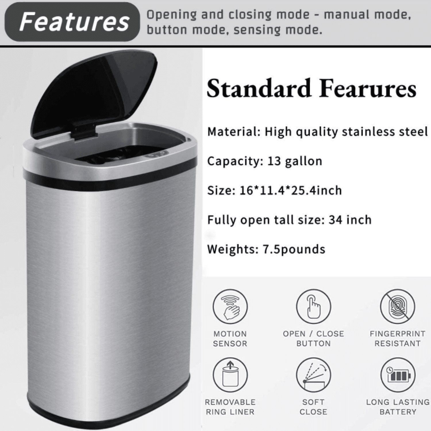  Kitchen Trash Can Stainless Steel Garbage Trash Can 13 Gallon /  50L Automatic Touch Free High-Capacity Garbage Can with Lid Home Bathroom  Office Restroom Brushed Large Dustbin,Silver : Industrial & Scientific