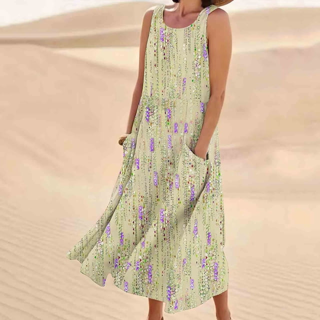 Robe Longue d'Été pour Femmes Sans Manches en Coton et Lin à Col Rond Imprimé (Jaune, Taille : P-2TG)