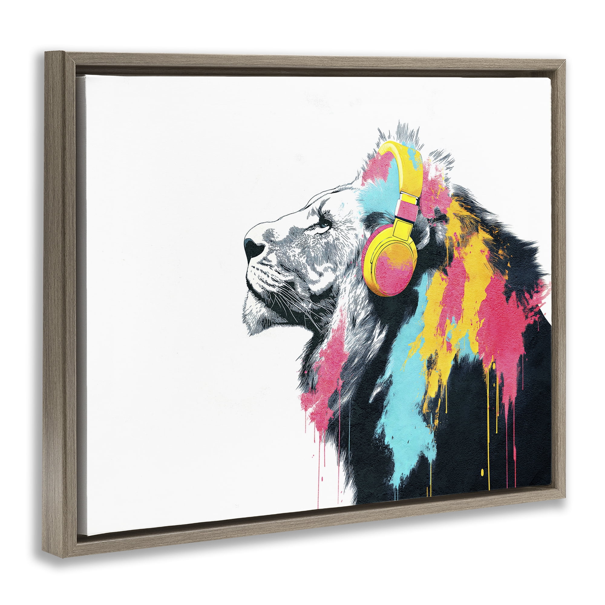 Stupell Industries Lion On Air Headphones Brown Framed Floater Canvas Wall Art, design by Svetlana Aleynikova