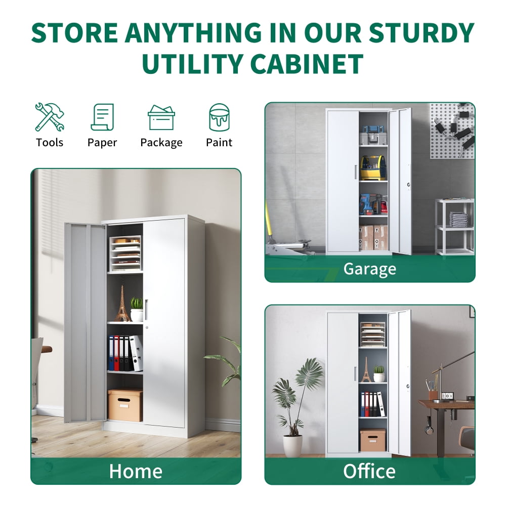 71"H Metal Garage Storage Cabinet, Tool Steel Locking Cabinet with Doors and 3 Adjustable Shelves,for Home Office,Classroom,Pantry,White