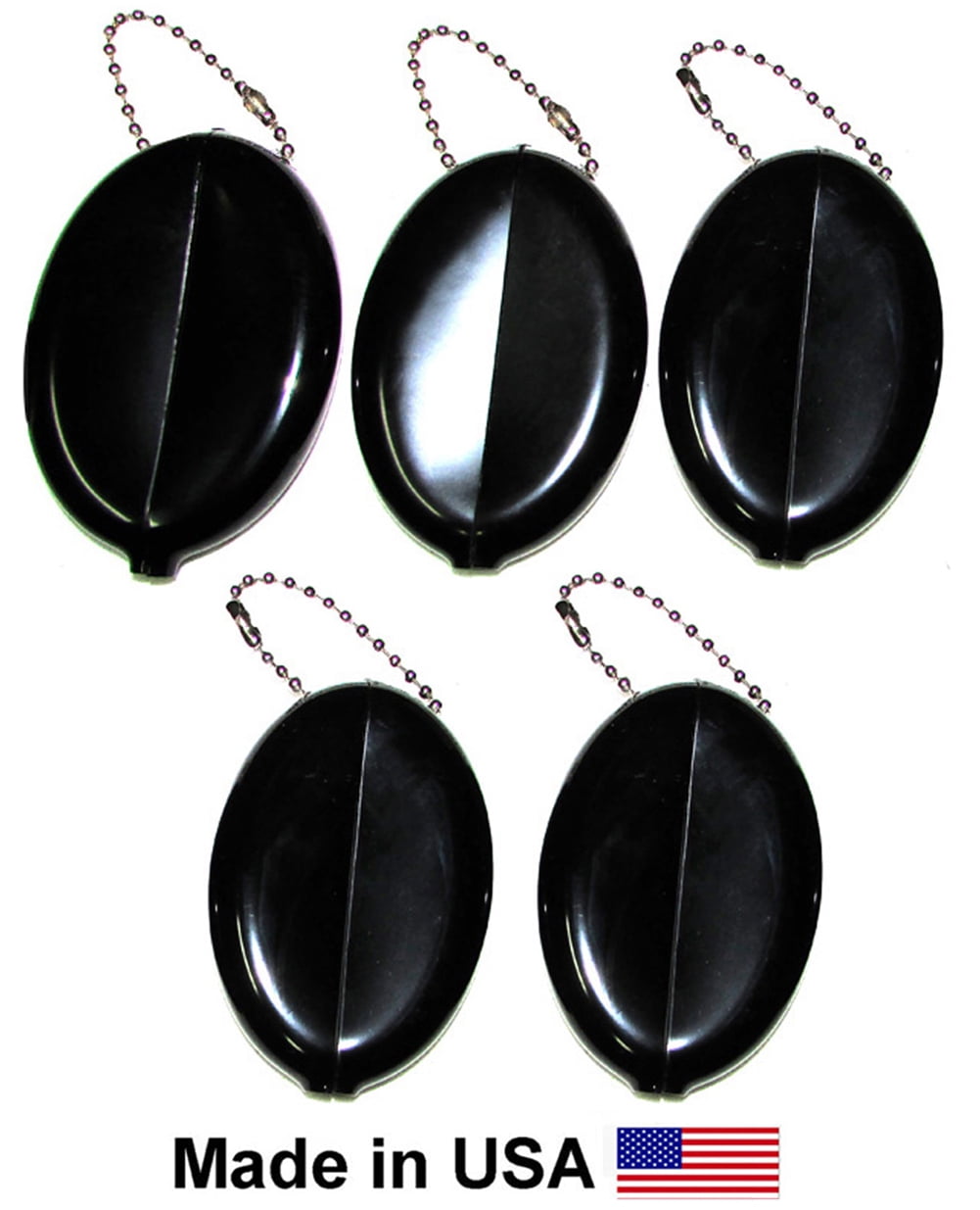 5 Black Oval Squeeze Purses | Holds Coins - Small Items and Keys | For Men & Women - Made in USA