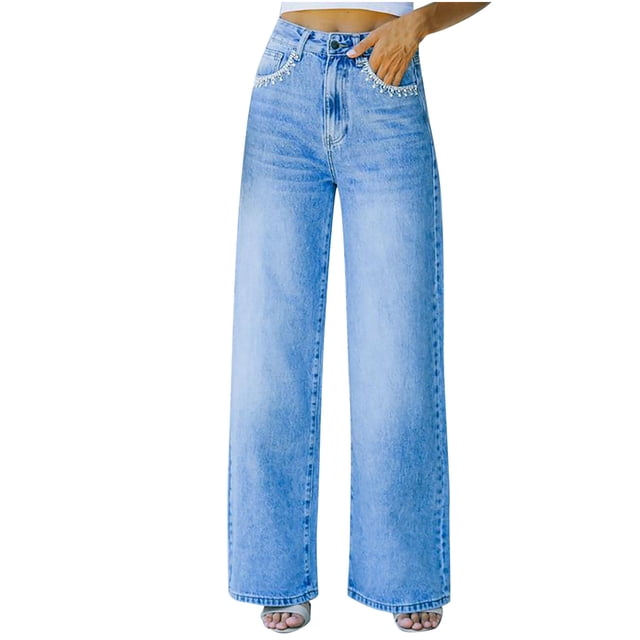 pantalones vaqueros de pierna ancha de mezclilla lavados de cintura alta sueltos con temperamento de bolsillo de pétalo para mujer Fridja — frontal de pantalones vaqueros azules de pernera ancha y corte suelto, cintura alta con botón y bragueta, bolsillos delanteros con detalle tipo pétalo, perneras largas que caen rectas hasta los pies sobre tacones; aptos para uso casual diario y salidas, también suelen usarse como prenda cómoda para viajes.