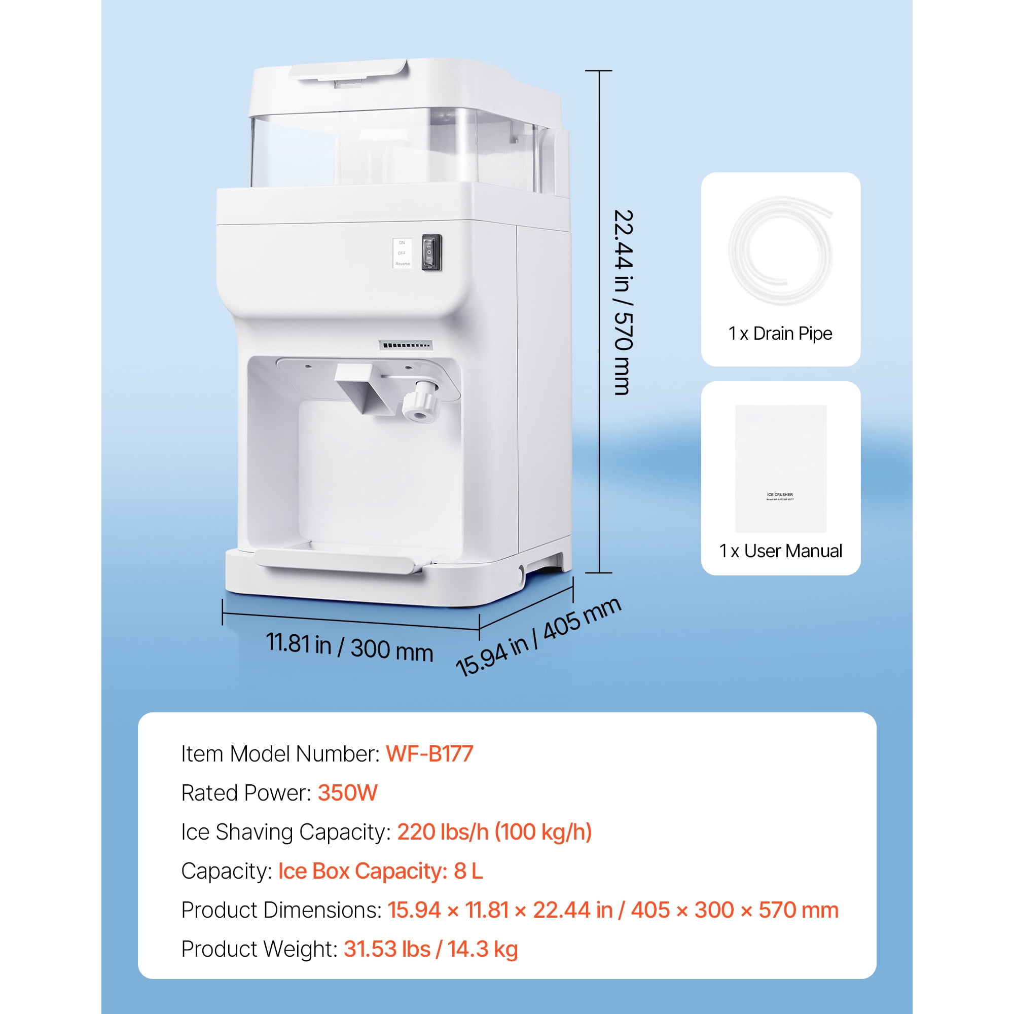 KFFKFF Electric Ice Shaver and Crusher, 220lbs/Hour Snow Cone Machine with 8L Ice Storage, 350W 1500RPM Countertop Shaved Ice Maker for Home, Events, and Business Use (White)