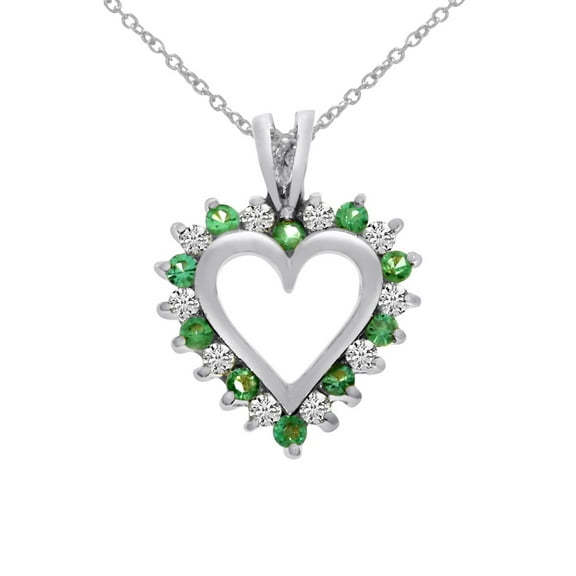 14k White Gold Emerald and Diamond Heart Shaped Pendant with 18" Chain
