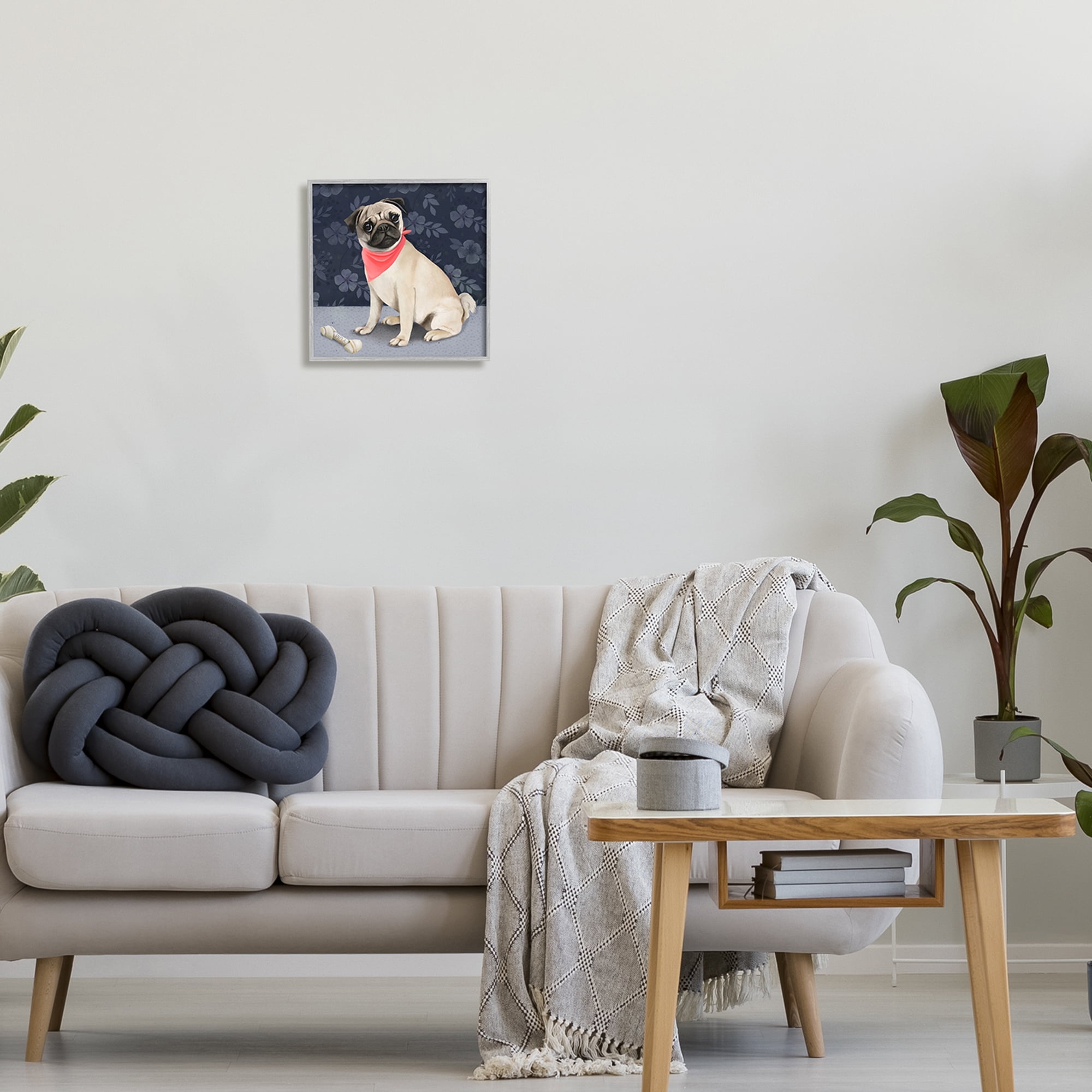 Stupell Industries Pet Pug & Bone Animals & Insects Painting Gray Framed Art Print Wall Art, 12 x 12