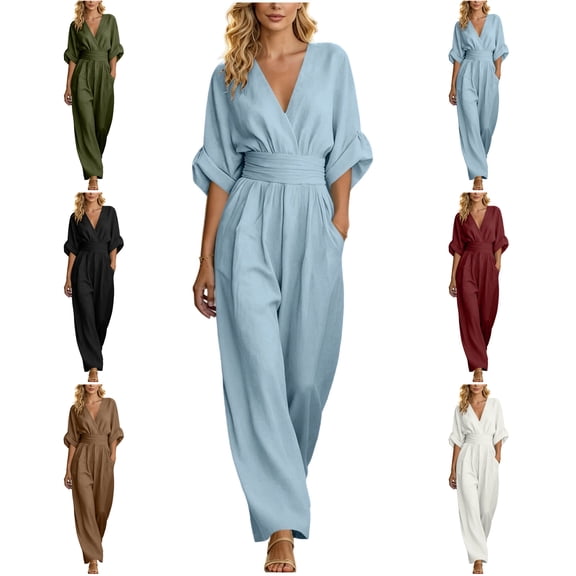 MLCDZ Cotton Linen Wide Leg Jumpsuit for Women V Neck Five Button Sleeve High Waist One Piece Outfit Casual Summer Vacation Rompers with Pockets