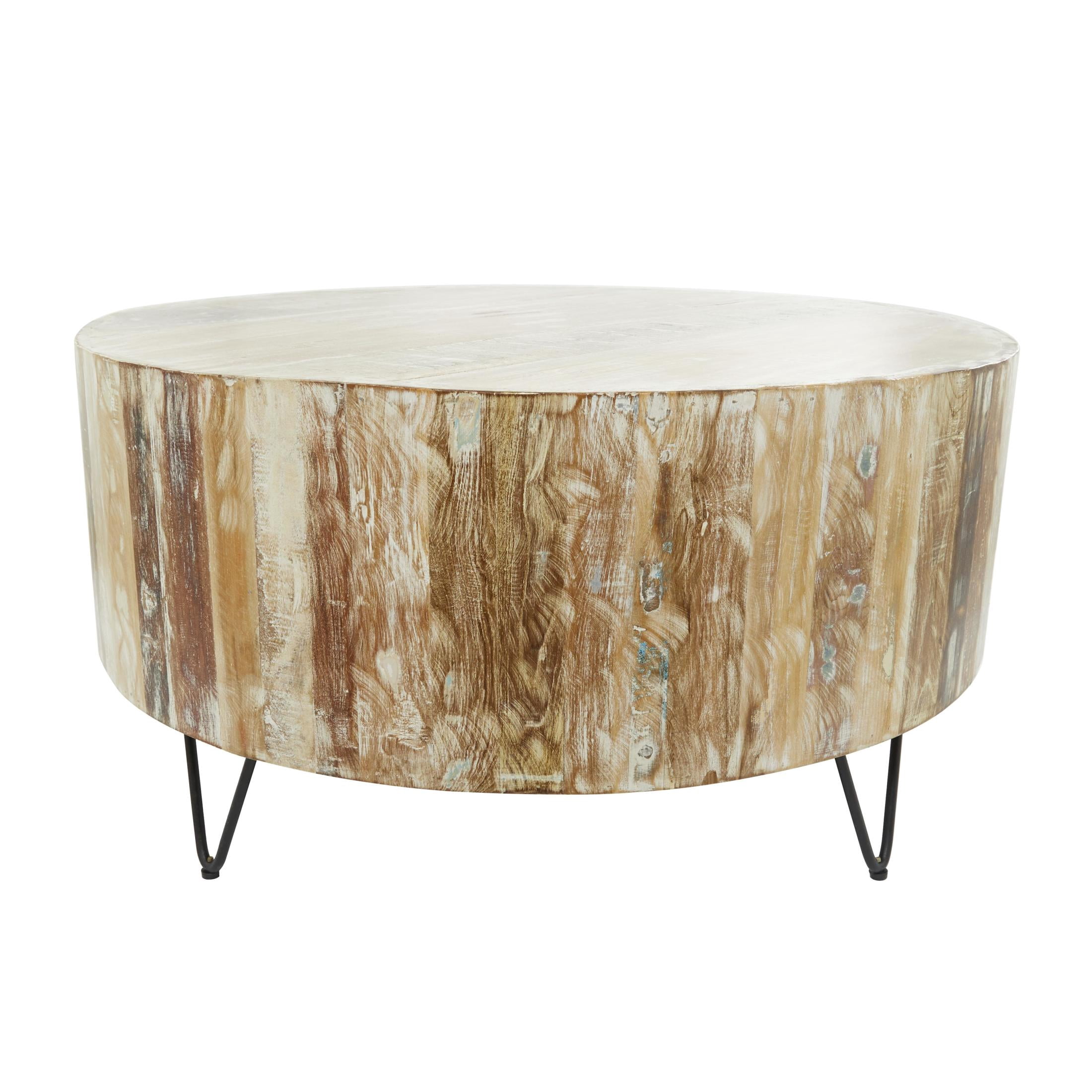 DecMode Rustic Wood Round Coffee Table with V Shaped Legs and Organic Brown/White Washed Finish , 37"W x 18"H