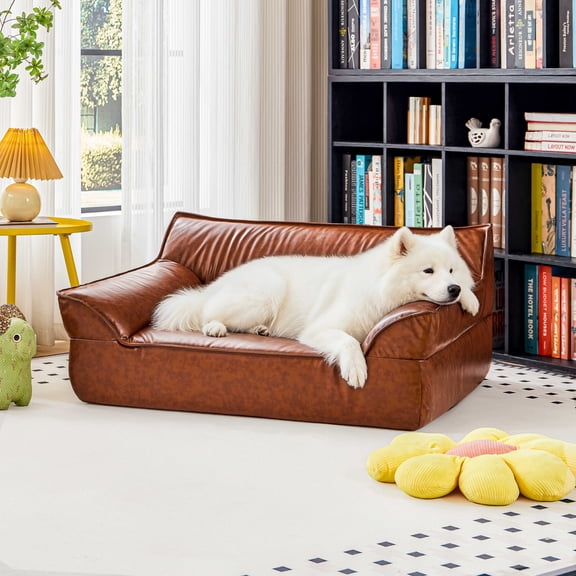 ATJafurn 39.4''W Leather Brown Dog Bed Sofa, Mid-Century Modern Pet Bed Couch for Medium and Large Dogs up to 70lbs with Removable & Washable Cover