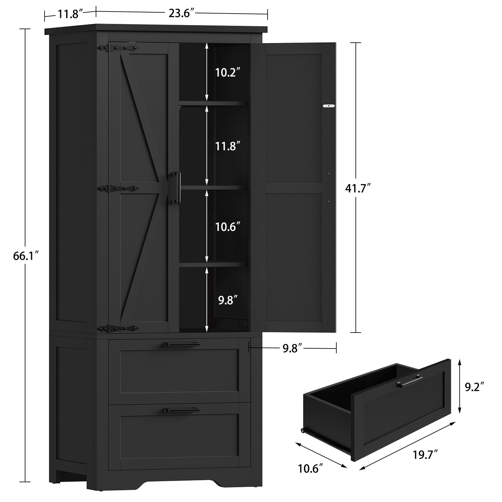 66.2" H Storage Cabinet with 2 Drawers, Farmhouse Kitchen Pantry Cabinet with 3 Doors & Adjustable Shelf, Handbag Storage Organizer, for Living Room, Kitchen, Bedroom, Black