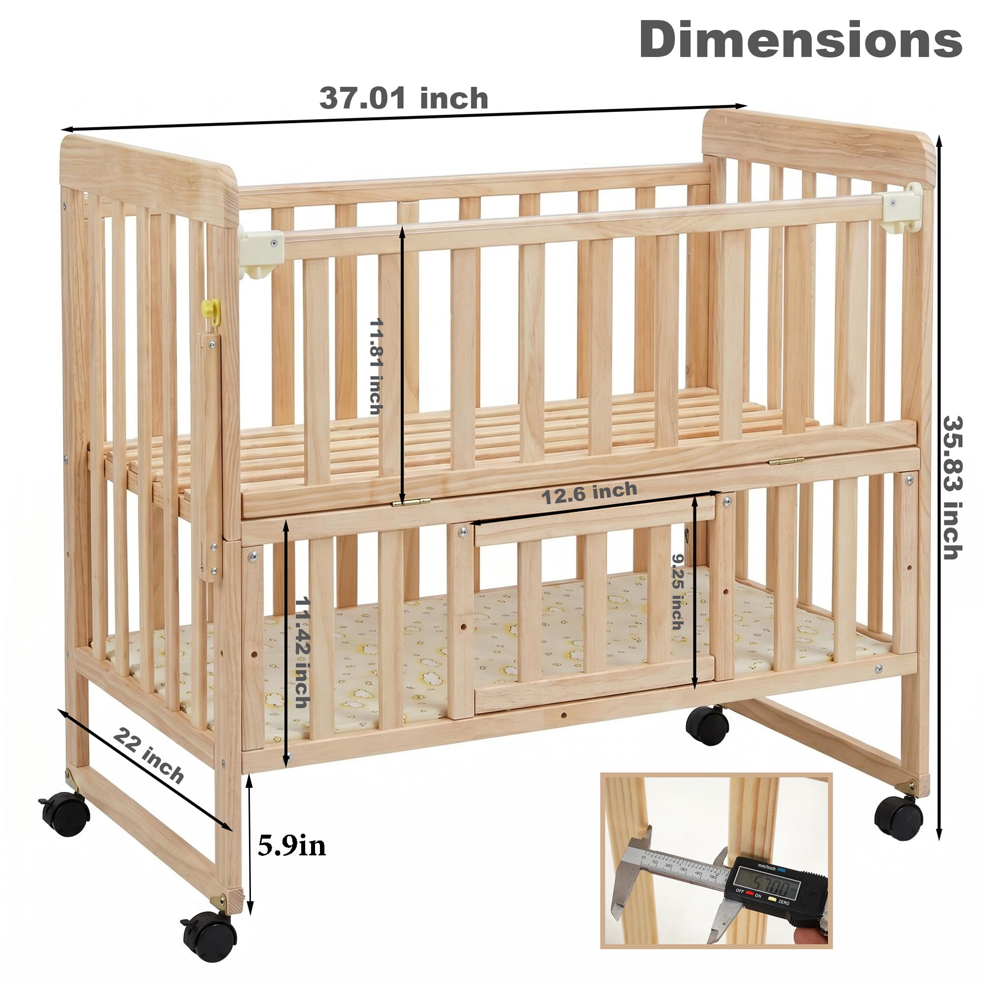 Portable Mini Baby Convertible Crib,Bedside Sleeper Bed,Solid Pine Wood Bassinet,Playpen & Toddler Bed with Wheels & Under-Crib Storage,0-36M