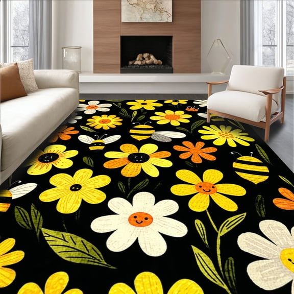 Flatwoven High Traffic Area Rug, Charming Bee Floral Arrangement, Non Slip, Stain Resistant, Washable Area Rugs for Living Room, Bedroom(Yellow, 4X6)