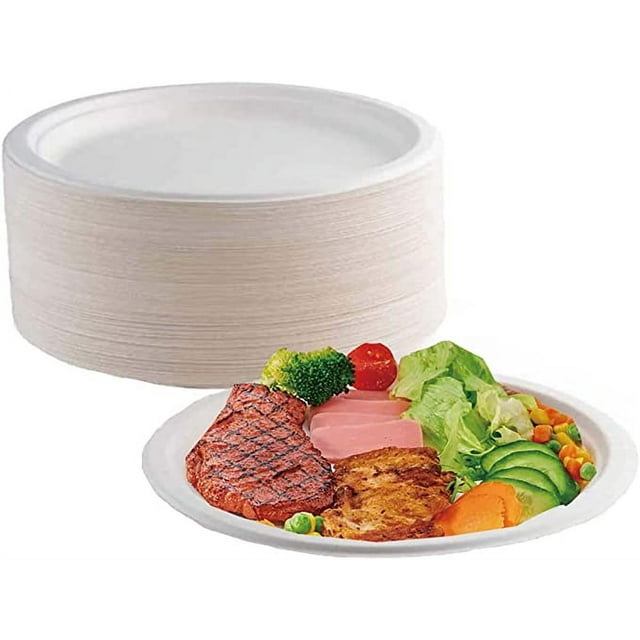 Plato Desechable 100 Uds Plato de Papel Biodegradable de 17,8cm Platos Desechables de Caña de Azúcar Ecológicos y Compostables