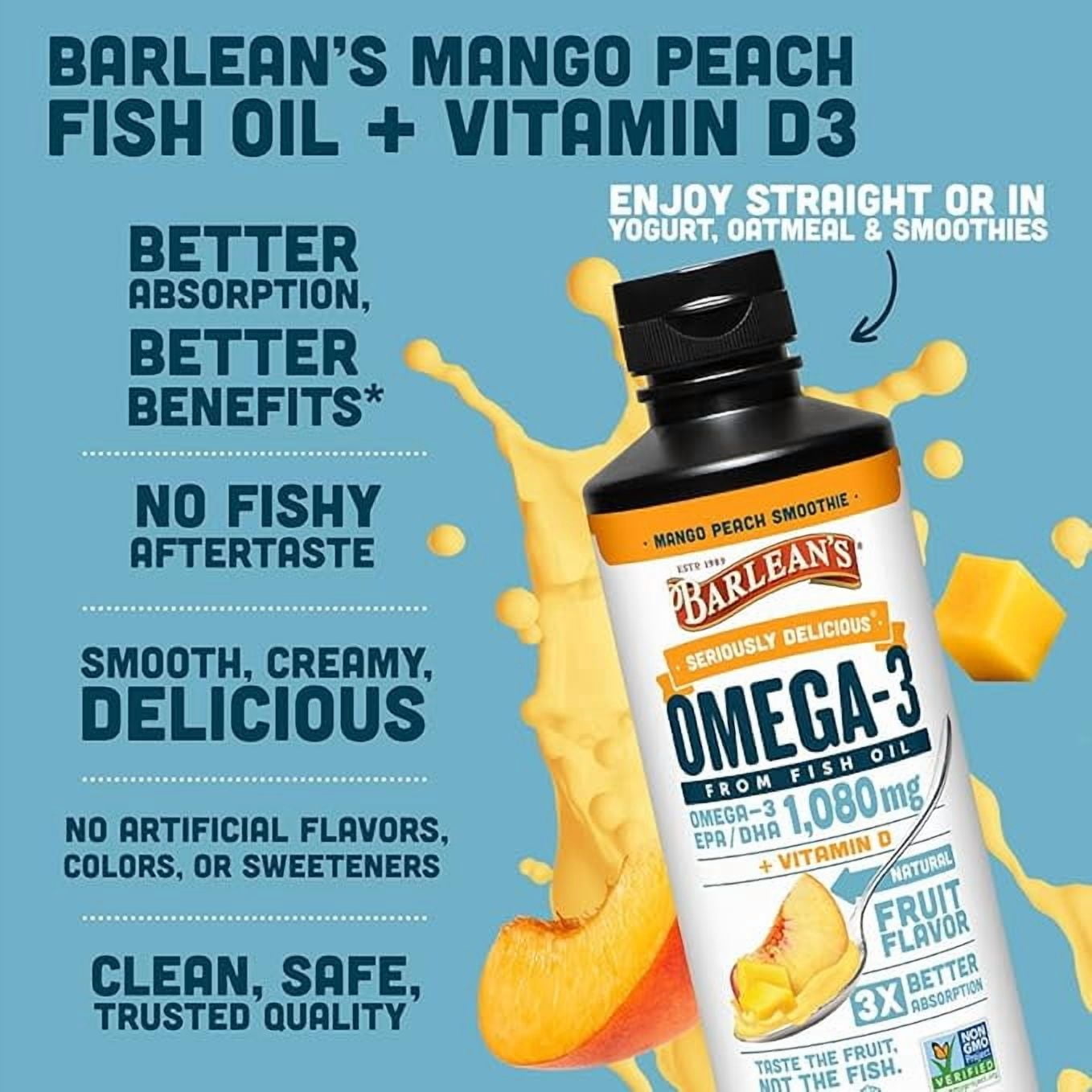 Barlean's Seriously Delicious Omega-3 Fish Oil Mango Peach Smoothie 8 oz Liquid