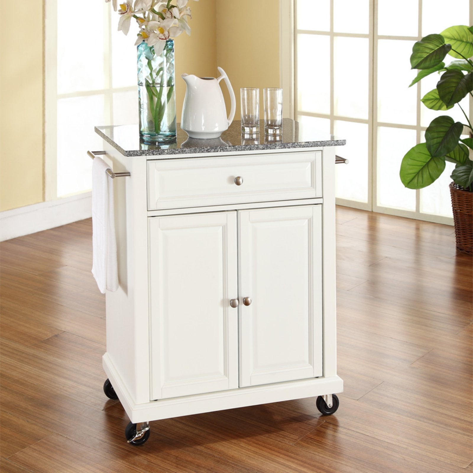 Crosley Solid Granite Top Portable Kitchen Cart/Island White: Hardwood Frame, Adjustable Shelves, Universal Storage