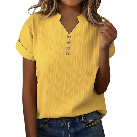 UAMVSH Plus Size Tops for Women Short Sleeve Tunic Shirts Textured Casual Button V Neck Oversized T-Shirt Summer Clothes