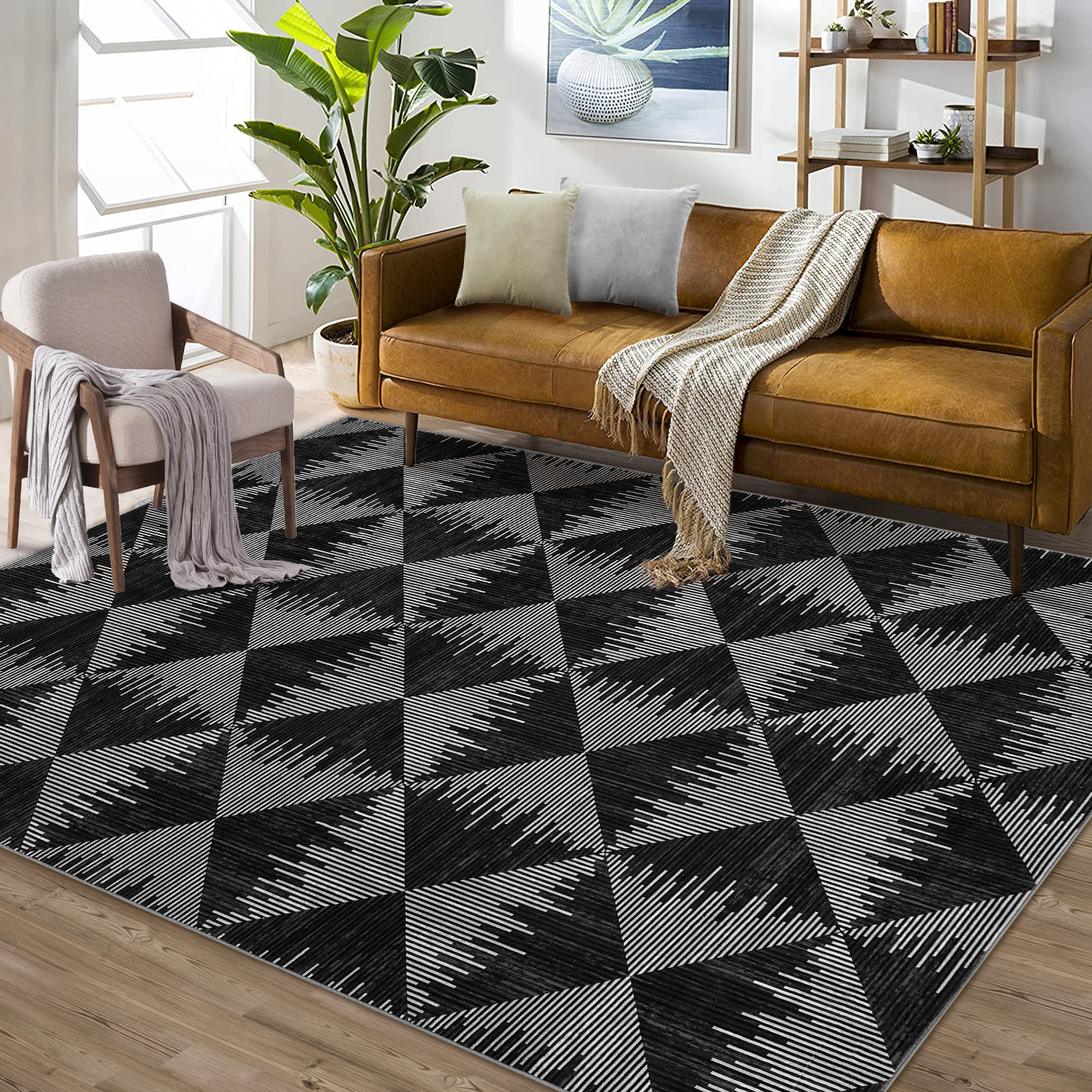 10x13 Washable Area Rugs for Living Room Non Slip Low Pile Modern Geometric Farmhouse Dining Room Carpets for Bedroom Dorm Black
