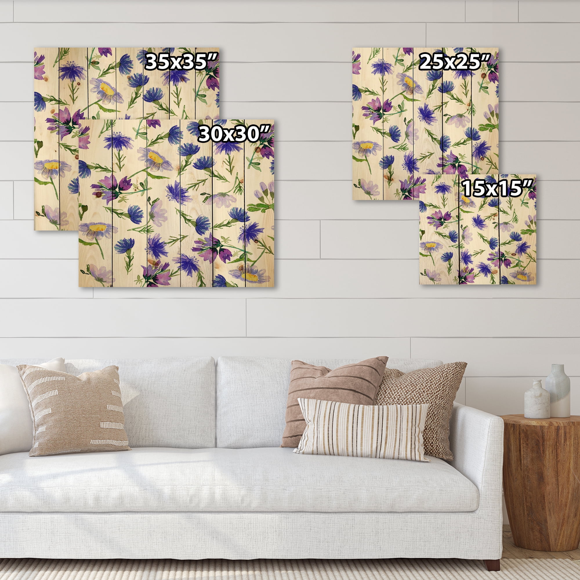 Designart 'Blue Wildflowers With Leaves III' Traditional Print on Natural Pine Wood
