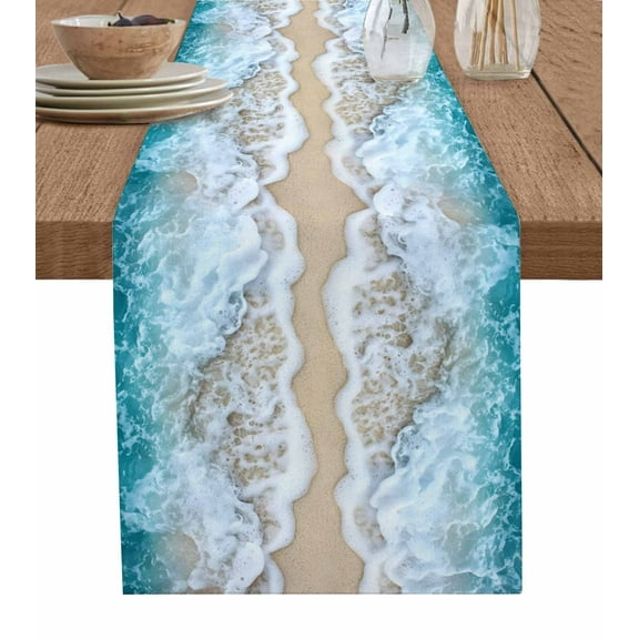 Table Runner Dresser Scarf 13 x 90 Inch Ocean Beach Teal Sea Waves Sand Table Runners Non-Slip Heat Kitchen Dining Table Decor for Indoor Outdoor Home Party Decoration
