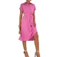 thumbnail image 2 of Women'S Collar Neck Button Down Tie Waist Short Sleeve A Line Midi Shirt Dress Rose Red L, 2 of 10