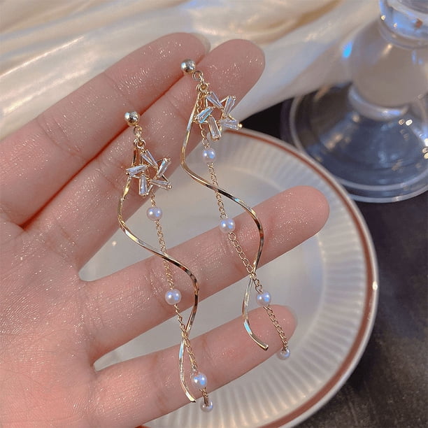 Pendientes largos con borlas y perlas de plata 925 con forma de estrella y aguja para mujer, estilo moderno, elegantes y adecuados para muchas ocasiones.