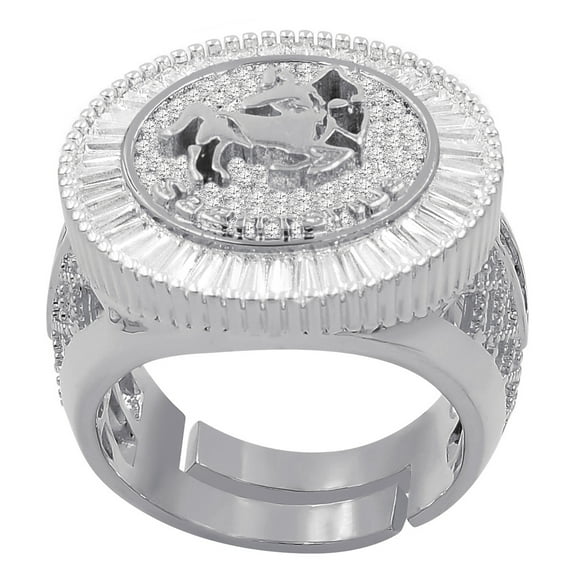 14K White Gold Finish Baguette/Round Cut Simulated Diamond Sagittarius Archer Zodiac Sign Astrology Mens Ring Band