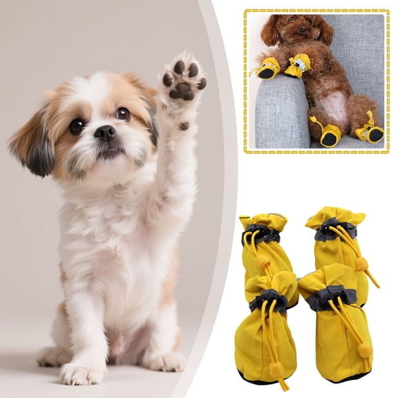 Winter Dog Shoes with Reflective Tape, Fleece Warm Pet Boots, Drawstring for Small & Medium Dogs, Non-Slip Soles, Indoor & Outdoor Protectio Yellow