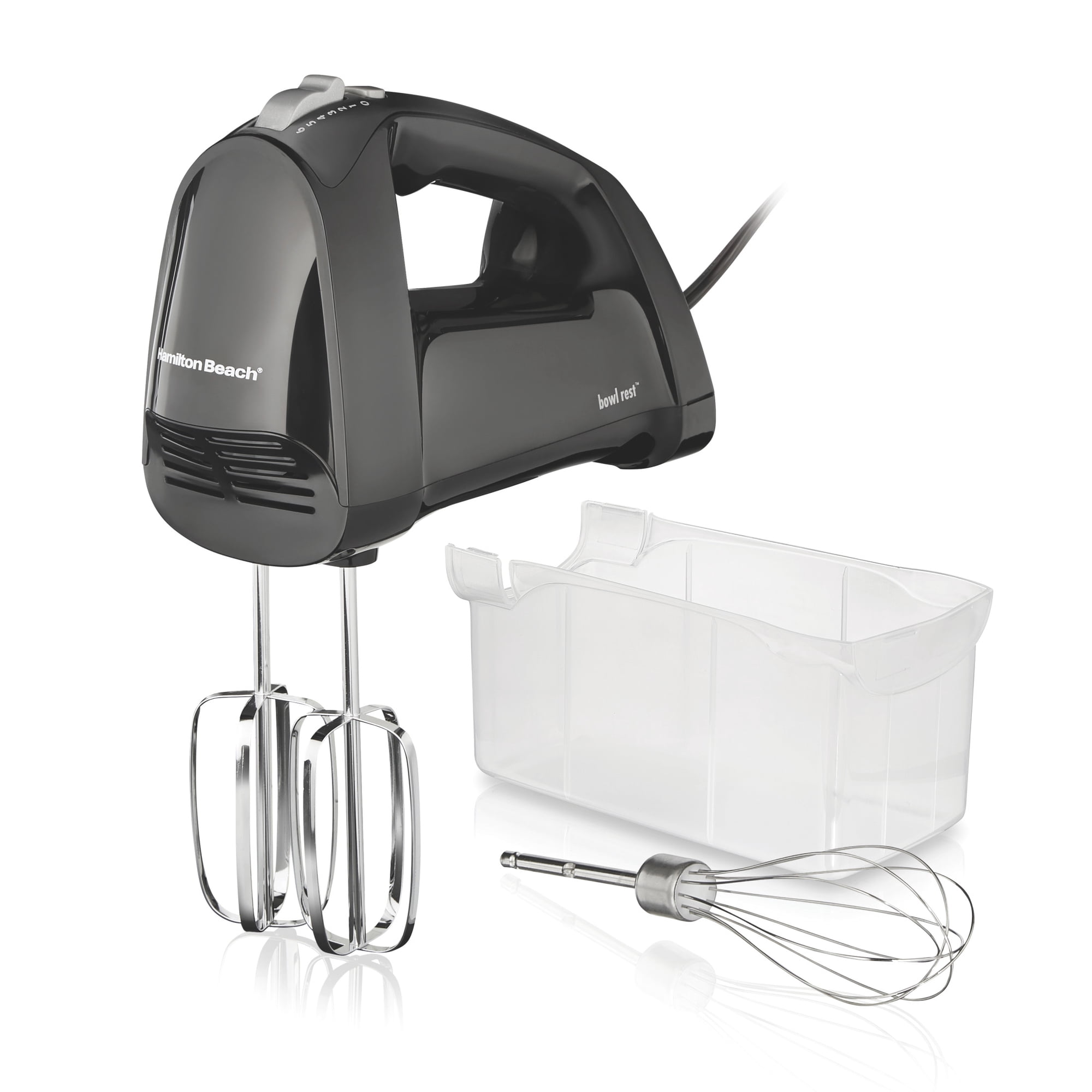 Hamilton Beach Electric Hand Mixer with QuickBurst, 6-Speed Corded, 250 W, 3 Attachments and Snap-On Storage, Black