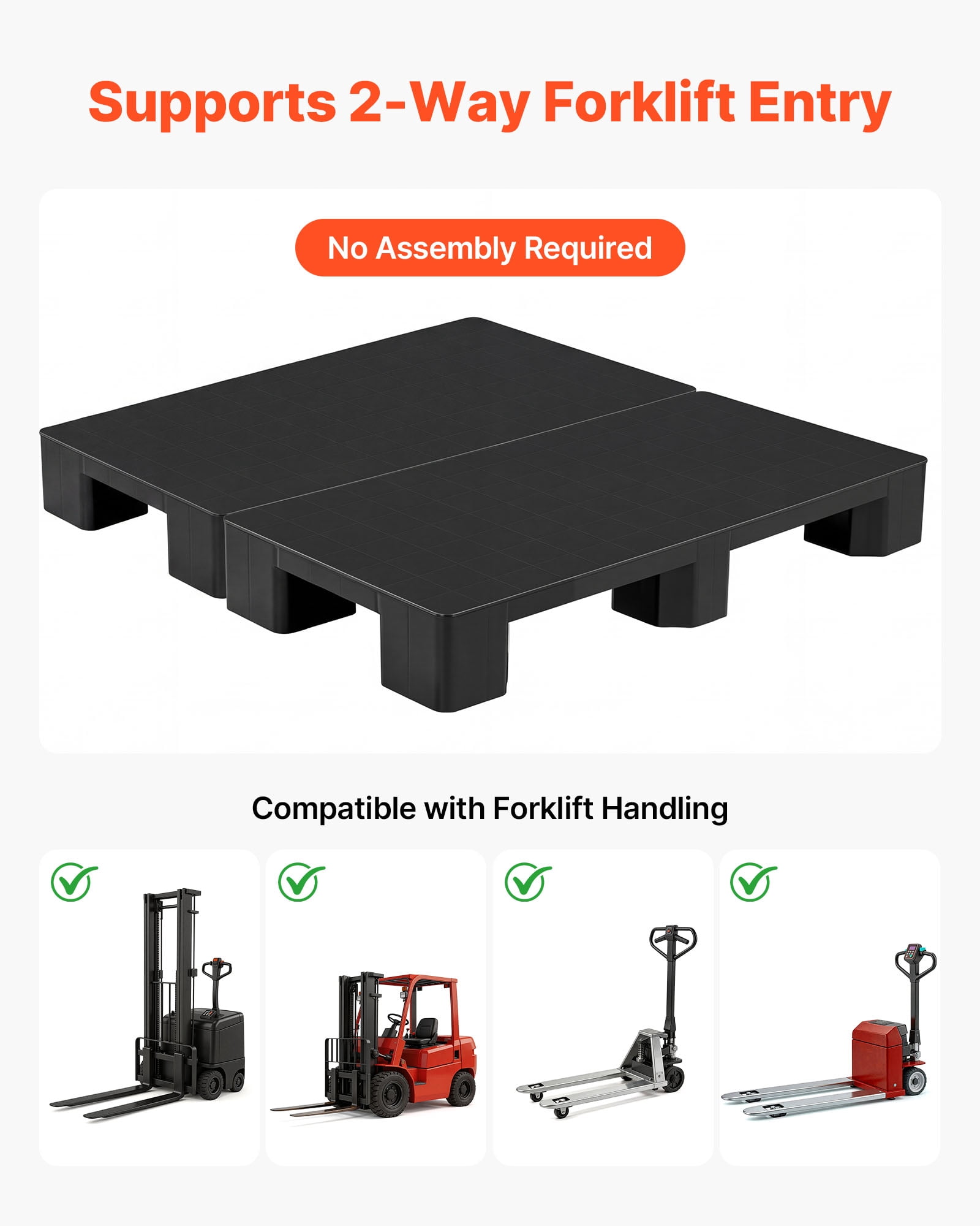 VEVOR Plastic Pallets, 2 Pcs Plastic Pallets for Basement Storage, Lightweight Waterproof Floor Storage Pad for Indoor Outdoor Supermarket Warehouse, Support up to 2205 lbs, 39.4"x19.7"x5.4", Black