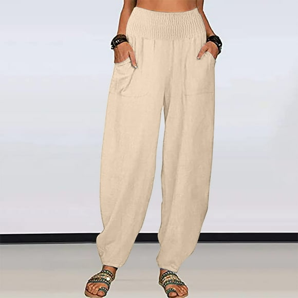 Jsaierl Plus Size Cotton Linen Pants Women Summer High Waist Pant Casual Drawstring Straight Trousers Lightweight Beach Pants