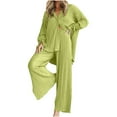 thumbnail image 2 of ShomPort 2 Piece Sets for Women Lounge Matching Sets Buttons down Long Sleeve Blouses Wide Leg Long Pants Sets (Green 50), 2 of 7