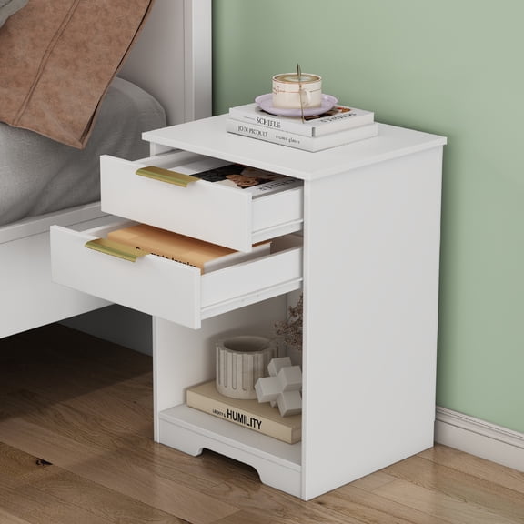 Nightstand With 2 Drawers for Bedroom,Bedside Table with Open Space & Gold Handle,End Table for Living Room,Bedroom,White