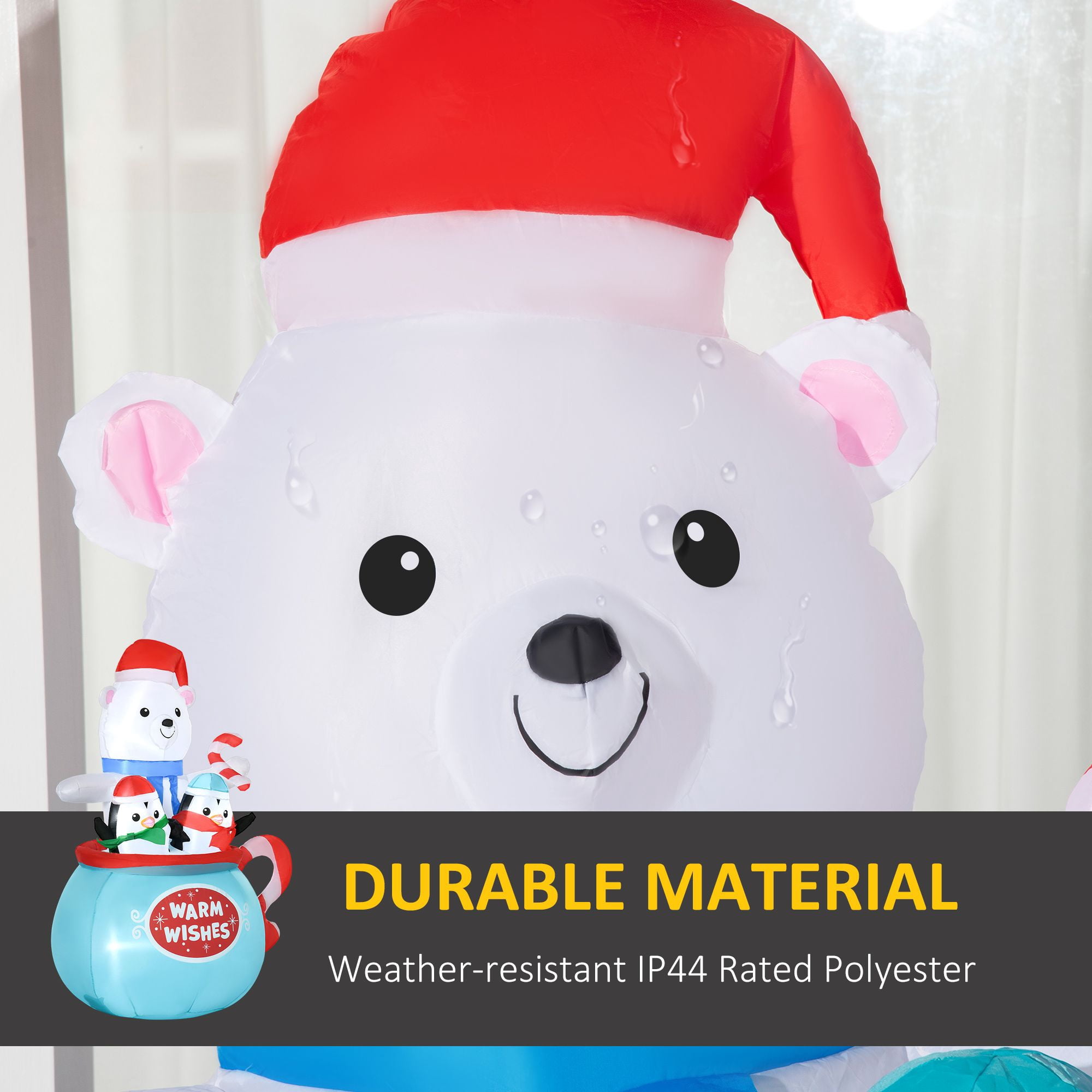 Christmas Inflatable Polar Bear and Penguins in Cup with LED Lights, 5 ft Polyester Blow-Up Yard Decoration for Garden, Lawn, and Holiday Party