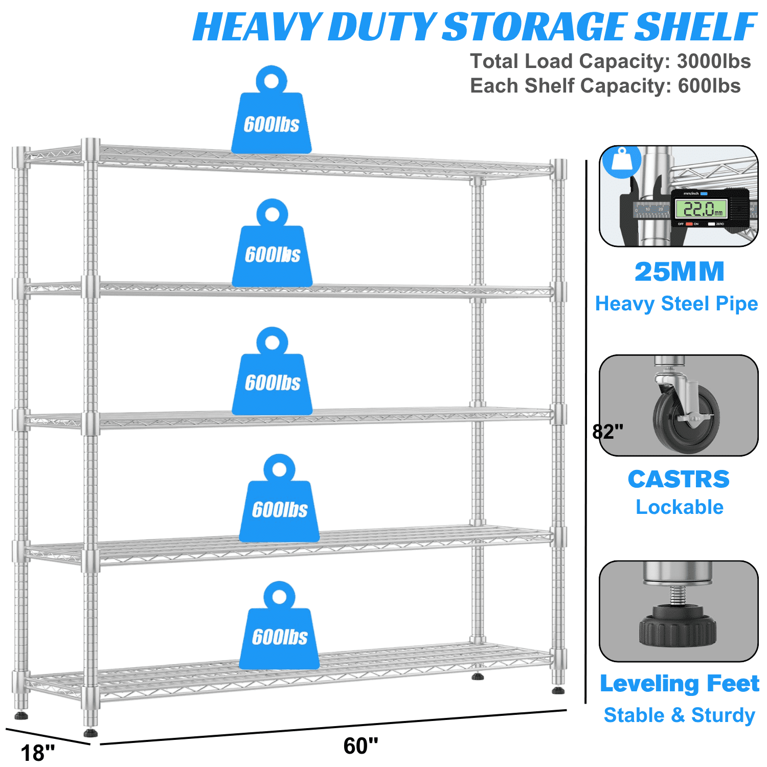 Legooin 5-Tier Garage Shelving Unit on Wheels 60"W x 18"D x 82"H Industrial Storage Rack Heavy Duty Wire Shelves, Silver