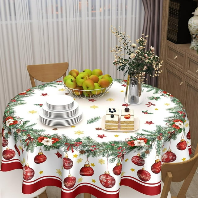Nappe Ronde de Noël 60 Pouces Motif Cloche de Noël et Flocon de Neige Nappe Rouge Cercle Couverture de Table d'Hiver Lavable Polyester Décoration Intérieure pour Maison Cuisine Salle à Manger Fête
