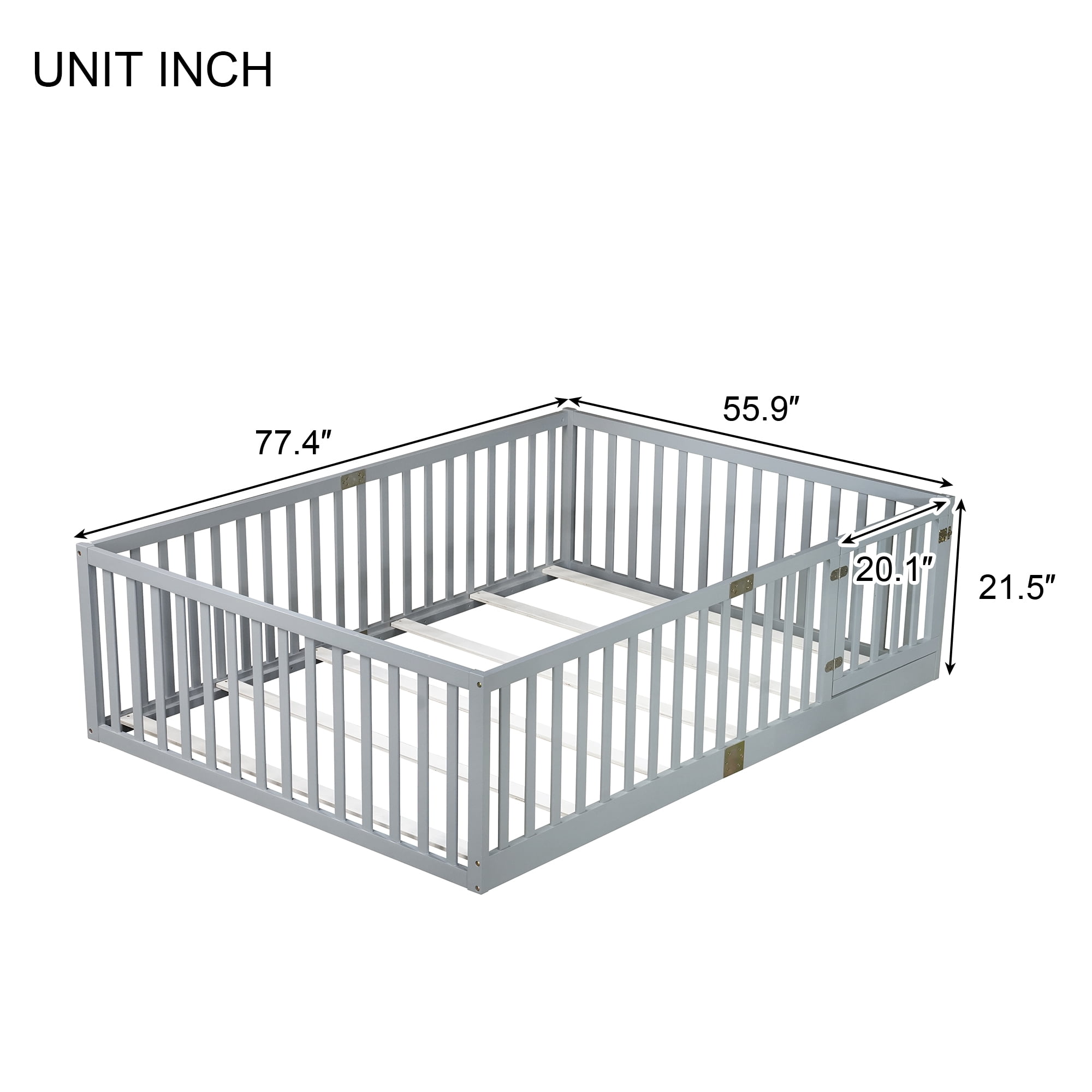 Holaki Wood Full Size Floor Bed with High Fence Railings for Kids, Gray