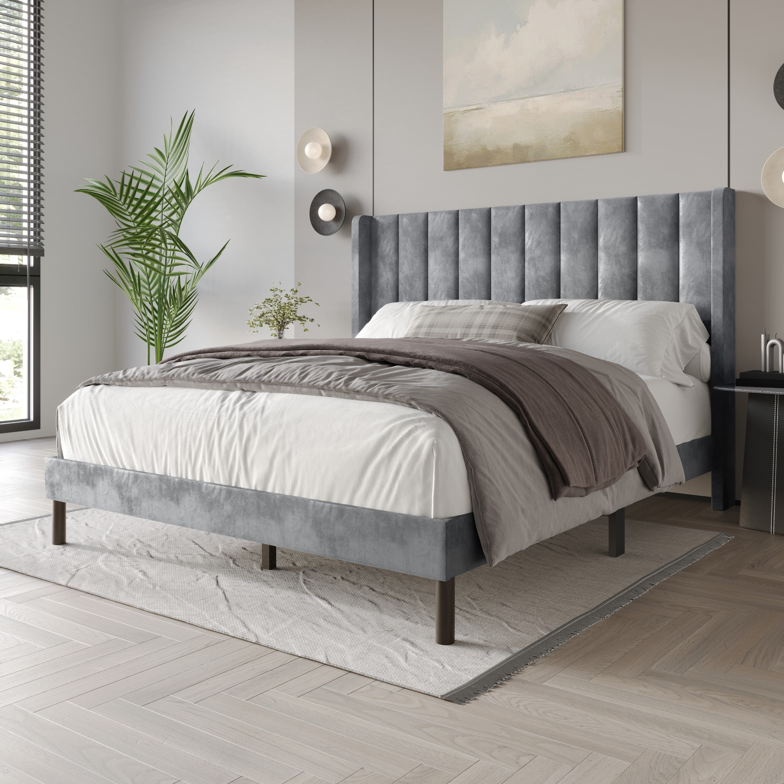 Home Design Herrin King Tufted Luxurious Velvet Upholstered Wingback Panel Bed Frame with Vertical Channel Tufting & Wingback Design, Silver Gray, Easy Assembly
