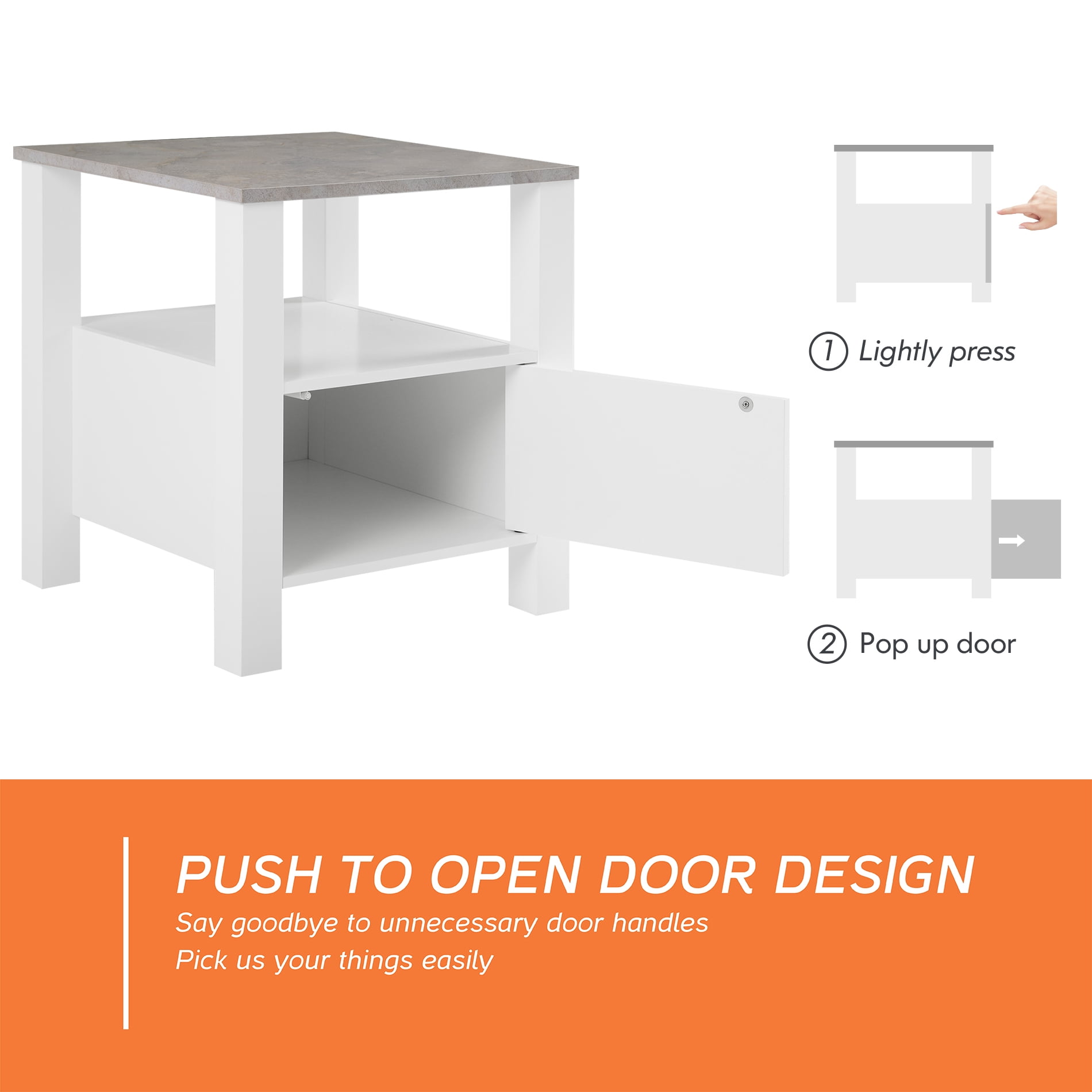 LED End Table with Door and Open Storage, White Modern Nightstands Side Table for Bedroom Living Room