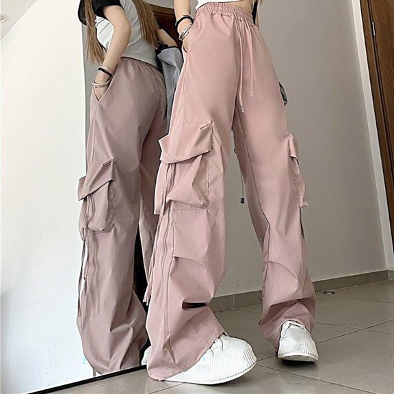 EaskTriop Baggy Cargo Pants for Women High Waisted Wide Leg Trousers with Pockets Elastic Drawstring Waist Casual Loose Streetwear Black Spring
