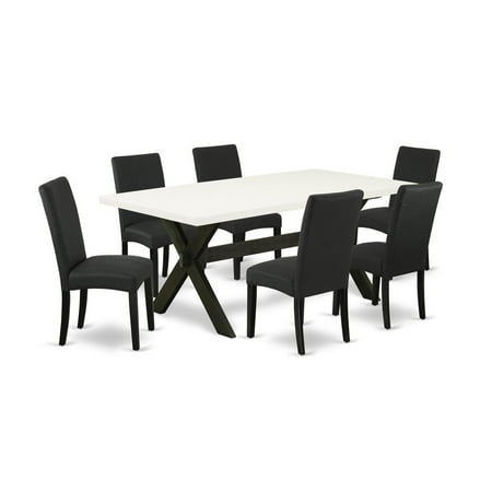 East West Furniture X627DR124-7 7-Piece Dining Room Table Set- 6 Upholstered Dining Chairs with Black Linen Fabric Seat and Stylish Chair Back - Rectangular Table Top & Wooden Cross Legs - Linen...