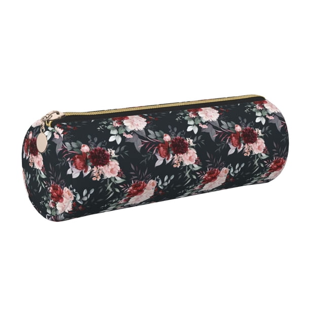 Easygdp Watercolor Floral para Estuche de Lápices Cilíndrico de Cuero con Cremallera, Organizador de Lápices de Cuero para Escuela, Oficina y Viajes