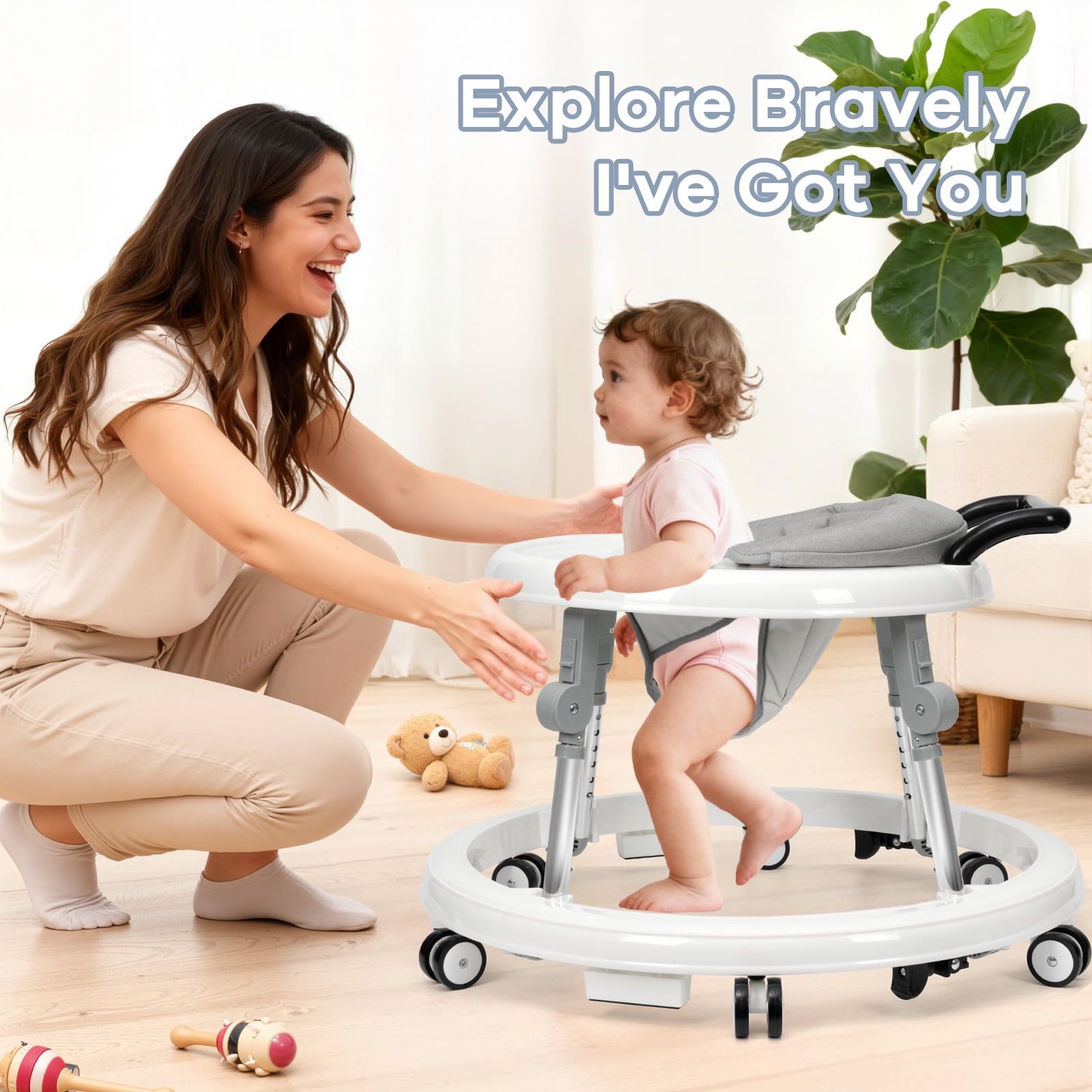 Baby Walker, Portable/Foldable/9 Adjustable Heights/with Wheels/Non-Slip Placement for 6-12 Months, White