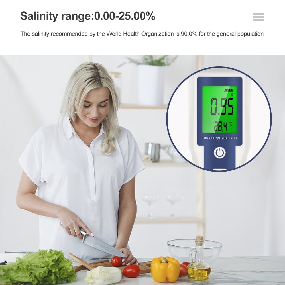 5 in 1 Tester  Pool Salt Tester & pH Meter with Temperature, Digital Meter and PH Tester for Water, PH/TDS/EC/Salinity/Temp Meter with ATC, for Household Drinking Water Hot Tub Spas Fish Tank